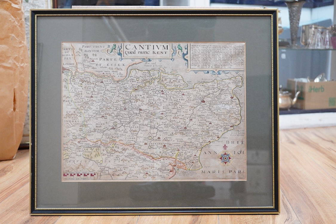A collection of maps and engravings relating to Kent to include after William Kip, antique hand coloured map of Kent, after J Cary, another map published 1787, maps of Canterbury and various engravings of Canterbury Cast